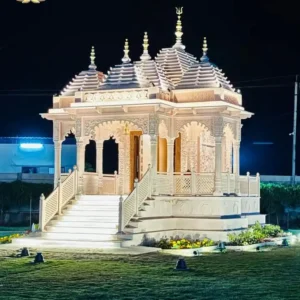 20x20 sandstone mandir design with five carved domes at night