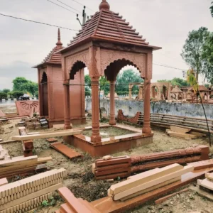 Hand-carved red sandstone chatri 6x6 ft with carved pillars and tiered roof