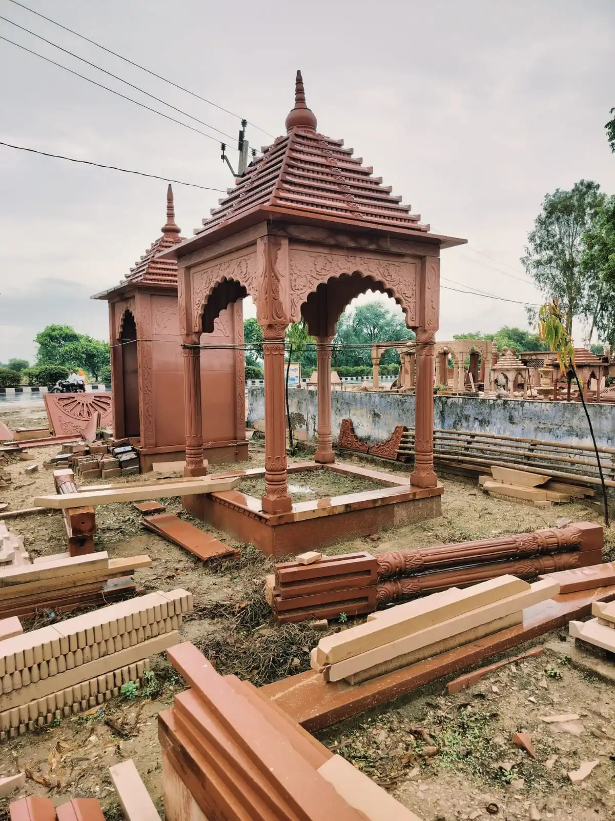 Hand-carved red sandstone chatri 6x6 ft with carved pillars and tiered roof